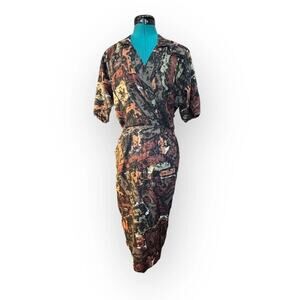 Abstract Print Wrap Midi Dress in Earth Tones